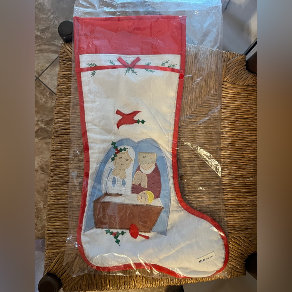 Vintage Nativity Scene Christmas Stocking - Holy Family Applique NWT